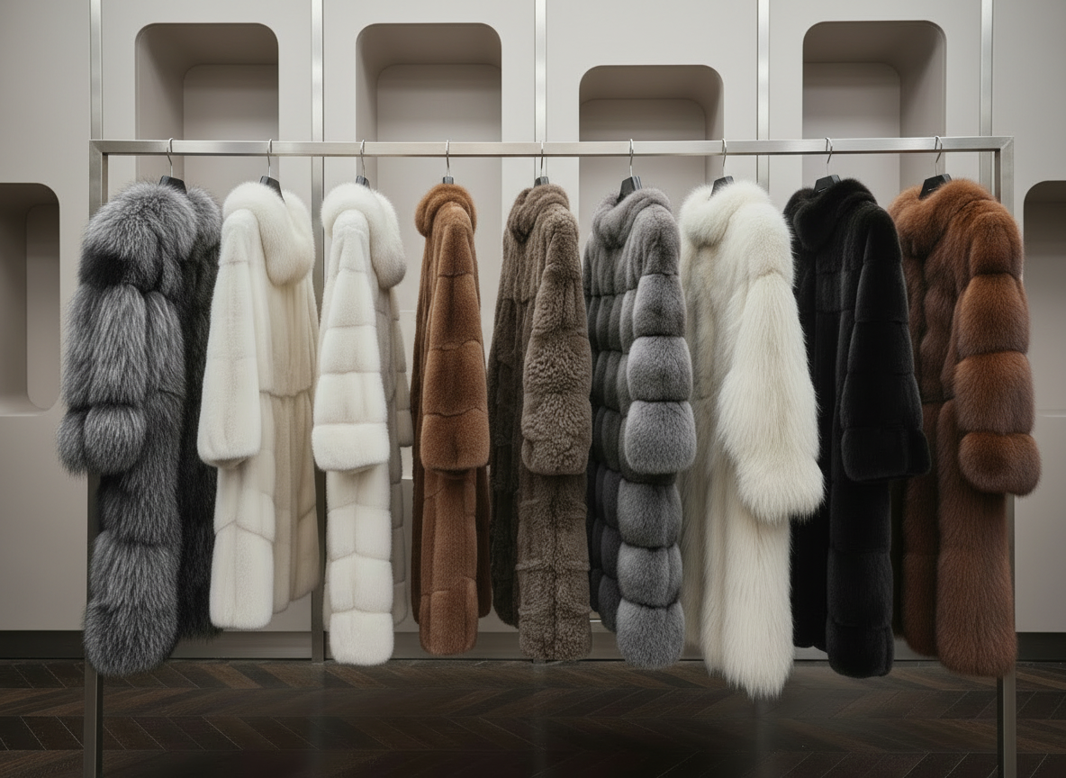 Neun hochwertige Pelzmäntel hängen mit Abstand an einer Kleiderstange in einem Lagerraum mit dunklem Fischgrätparkett.